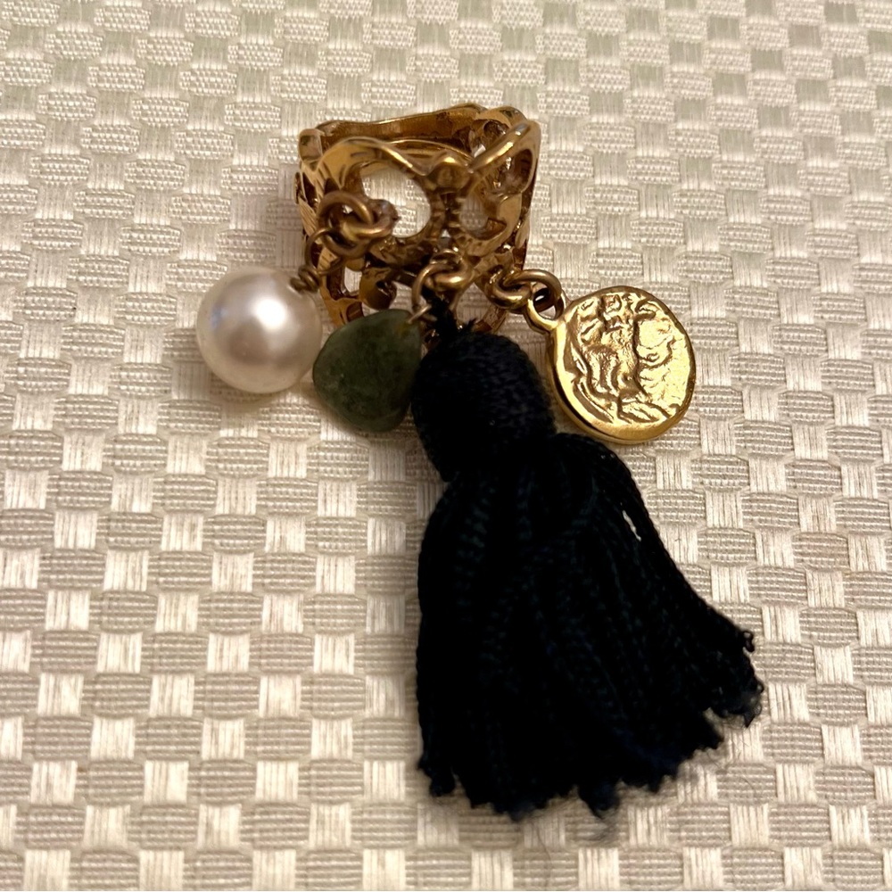 Oscar de la Renta Ornamental Silk Tassel & Pearl Ring - Authentic & Unique